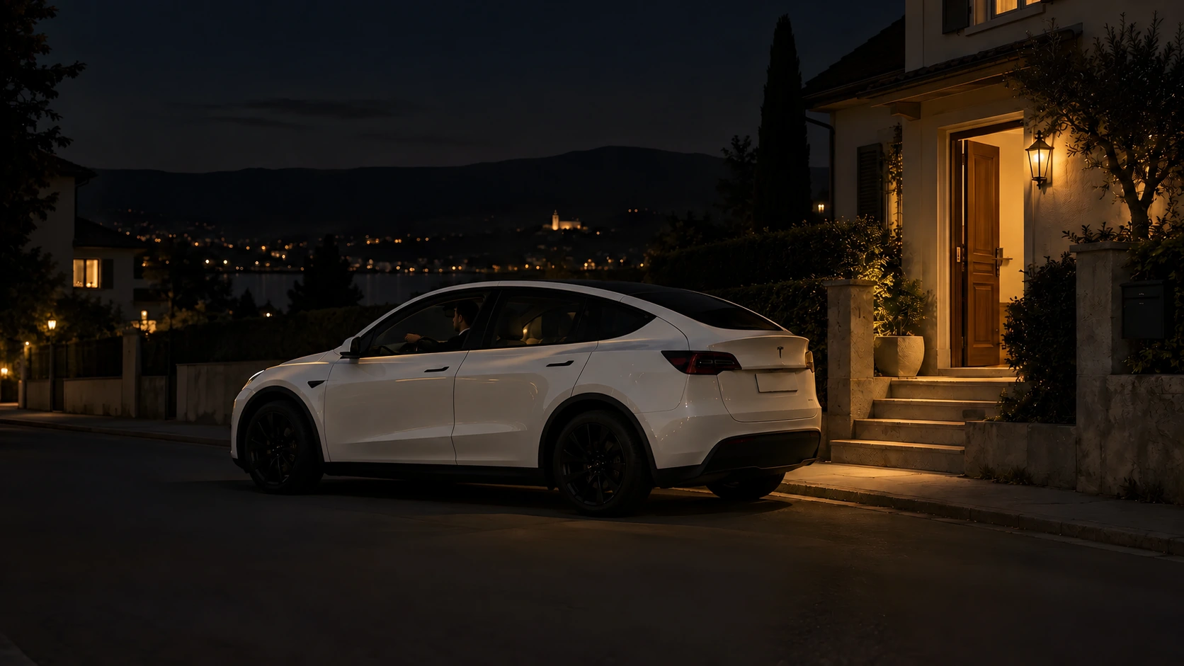 Une Tesla Model Y blanche, portes fermées, attend devant une maison éclairée. Le chauffeur est installé au volant.